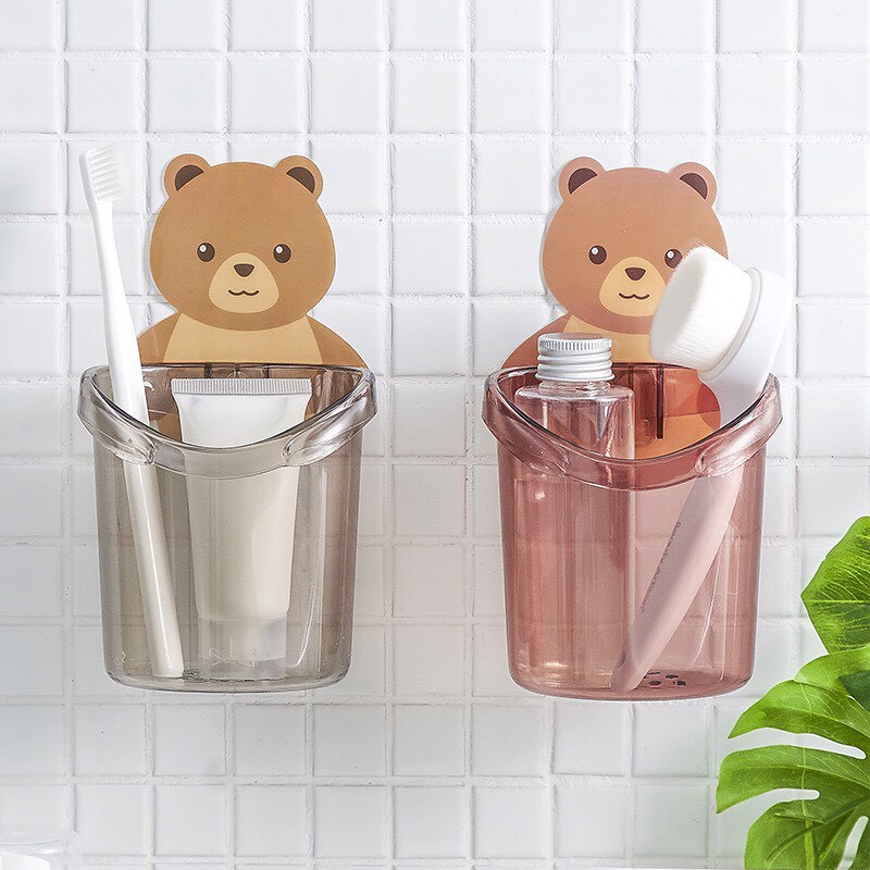 Cốc Gấu Dán Tường Để Bàn Chải Đánh Răng Hình Gấu Nâu Treo Tường Dễ Thương Có Lỗ Thoát Nước Tiện Lợi