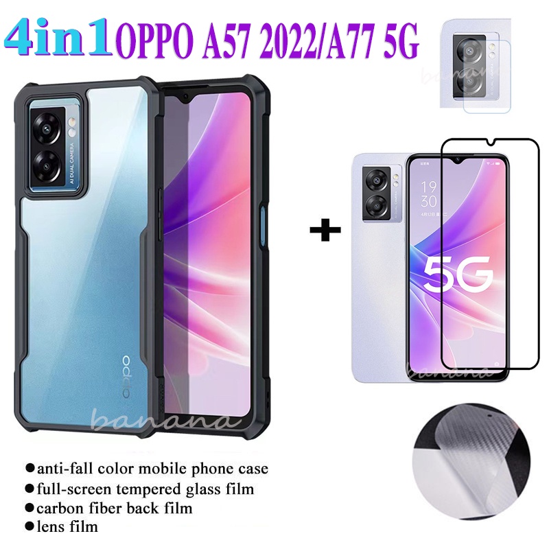 Ốp điện thoại di động chống rơi 4in1 OPPO A57 5G + Phim kính cường lực A 57 2022 + Phim mặt sau bằng sợi carbon + Phim ống kính A16 A15