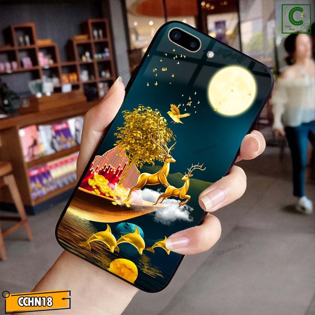 Ốp lưng iphone mặt kính cao cấp  - Đôi hươu vàng may mắn chơi trăng  - 6/6plus/6s/6splus/7/7plus/8/8plus/x/.....