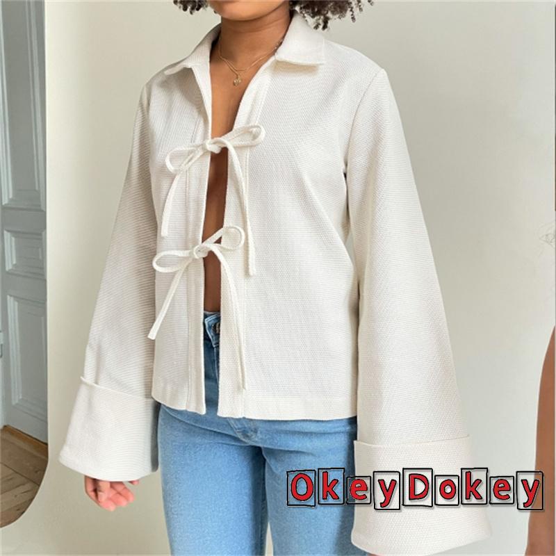 Áo Khoác Cardigan Tay Dài Cổ Bẻ Buộc Dây Phía Trước Màu Trơn Giản Dị Dành Cho Bạn Nữ