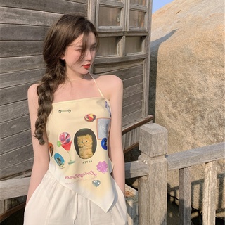 Áo Tank Top Nữ Không Dây, Cổ Khăn Lụa Ngắn Bất Đối Xứng