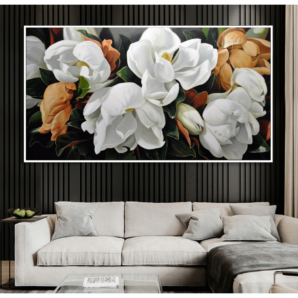 Tranh canvas treo tường hoa trắng phong cách cổ điển khổ ngang ...