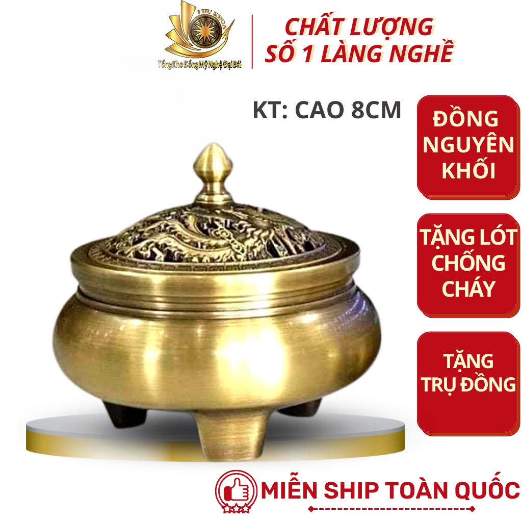 Lư Xông Trầm Bằng Đồng Đúc Nguyên Khối Sang Trọng, Đỉnh Đốt Nhang Vòng Tặng Kèm Lót Chống Cháy