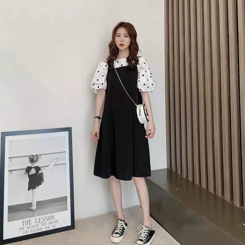 (XẢ LỖ )Đầm bầu-váy bầu chất cát hàn siêu mát không nhăn vai chấm bi cách điệu Q0003
