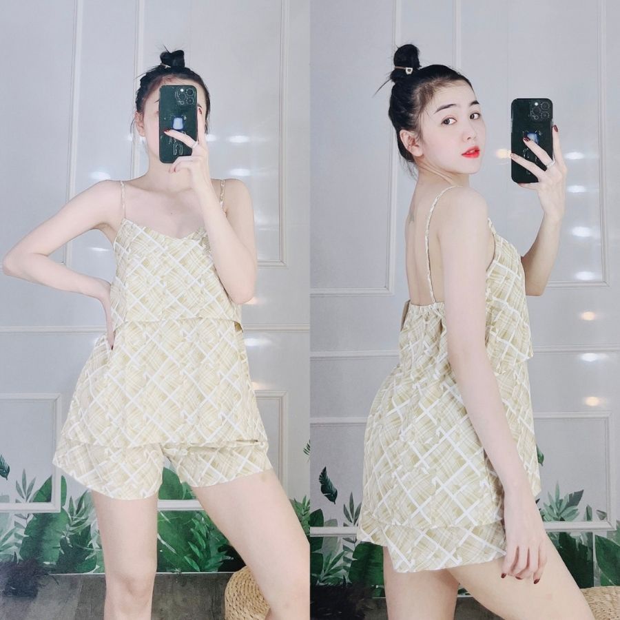 Đồ bộ pijama nữ 2 dây tay bèo pyjama lụa 100D bộ ngủ mặc nhà sexy quần đùi cute dễ thương cao cấp  ESHOP PM04