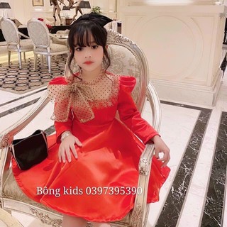 Váy nhung bé gái, váy nhung đỏ dài tay bé gái, váy nhung tiểu thư bé gái