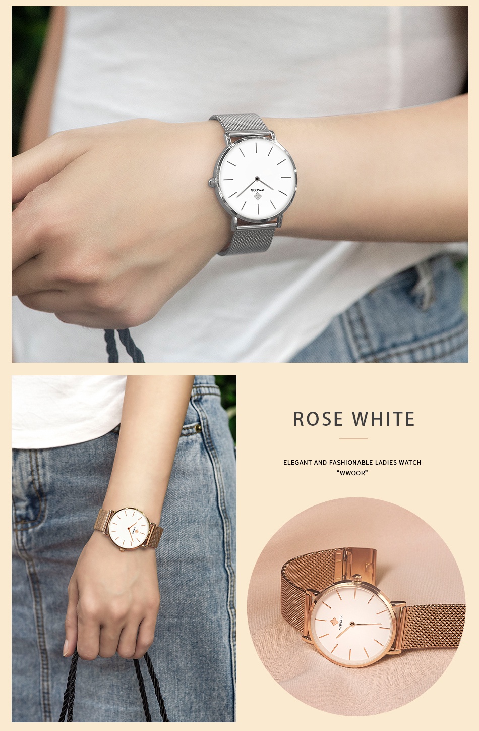 Mô tả Đồng Hồ Quartz WWOOR Chất Liệu Thép Không Gỉ Mạ Vàng Hồng Chống Thấm Nước Reloj Mujer-8840 - 11