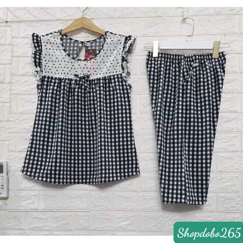Đồ bộ nữ,đồ ngủ mặc nhà lửng vải lụa họa tiết caro phối ren siêu cưng size 45-65kg