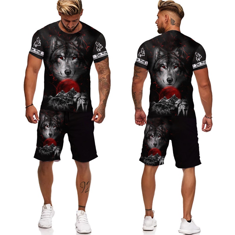 Set Đồ Thể Thao Áo Thun Tay Ngắn Cổ Tròn In Hình Sói 3D + Quần Short Phong Cách Hip Hop Thời Trang Mùa Hè Cho Nam