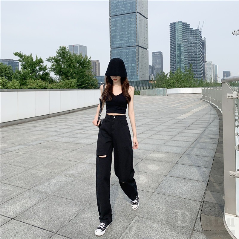 Ảnh Hot HÀNG Quần Dài Cổ Rách Cao Cấp Denim Plus Size Quần Sàn Thẳng Rời Đơn Giản Lỗ Quần 3