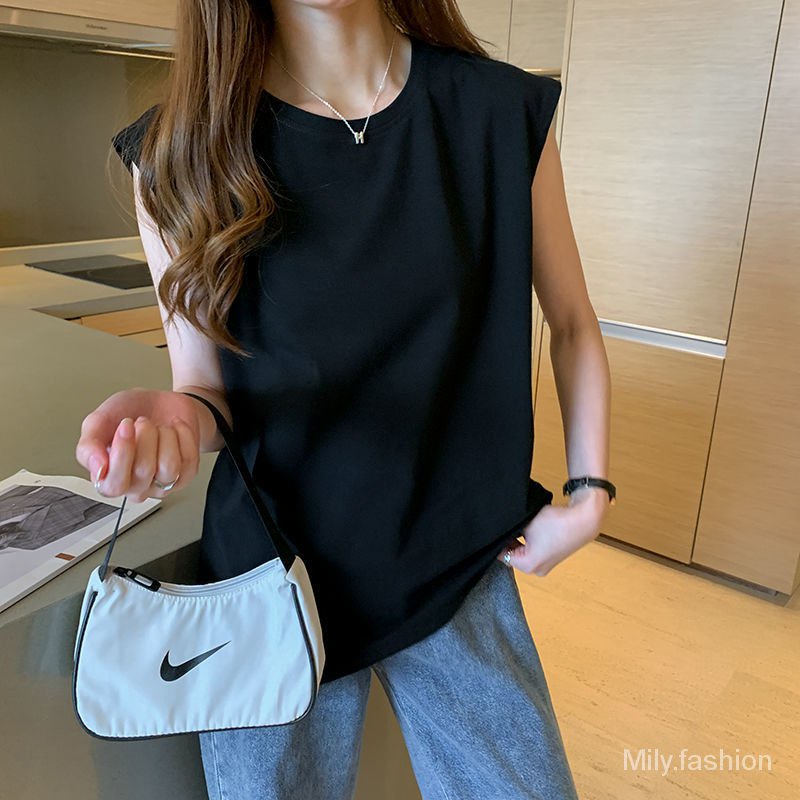 Milyfashion Áo thun không tay cổ tròn màu trắng dáng rộng Kích thước lớn Phong cách cơ bản Phù hợp với mọi trận đấu Mỏng hơn trông thường ngày hàng đầu