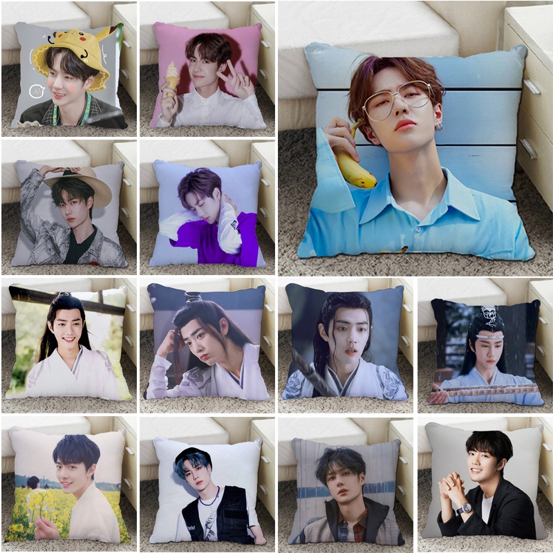 Vỏ bọc gối đơn bằng polyester in hình diễn viên Wang Yibo/ Xiao Zhan 45x45cm
