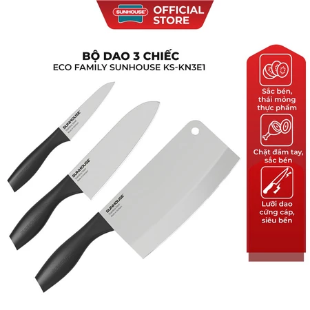 Bộ dao 3 chiếc Eco Family Sunhouse KS-KN3E1 - Lưỡi dao làm từ thép SUS420J2 không gỉ - Gồm 3 dao: chặt, gọt và làm bếp