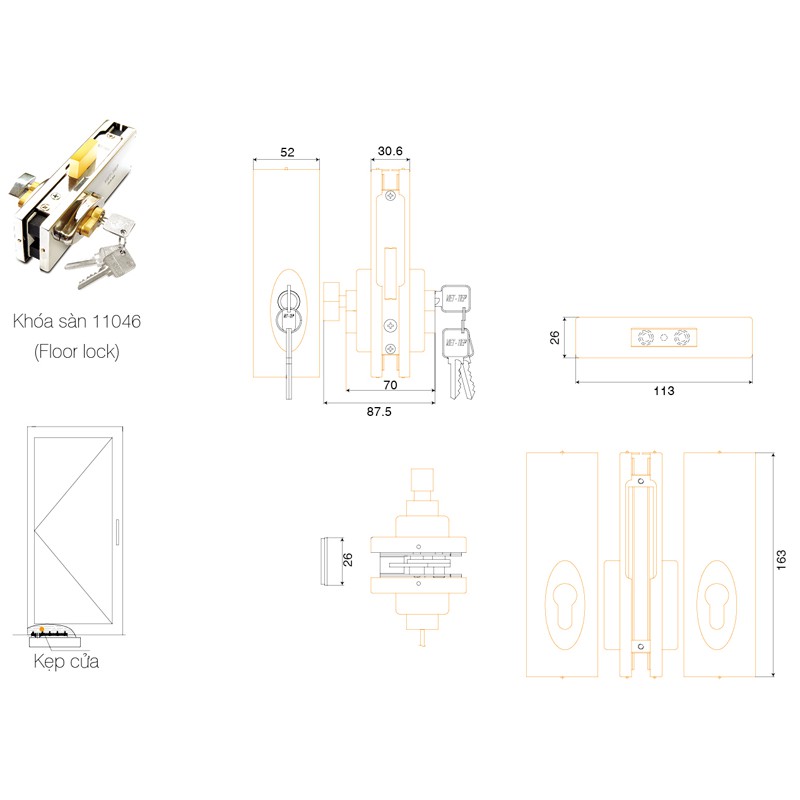 [CHÍNH HÃNG] Bộ Ổ Khóa Sàn Cửa Kính VIỆT TIỆP 11046 Thân INOX 304 Lõi ...