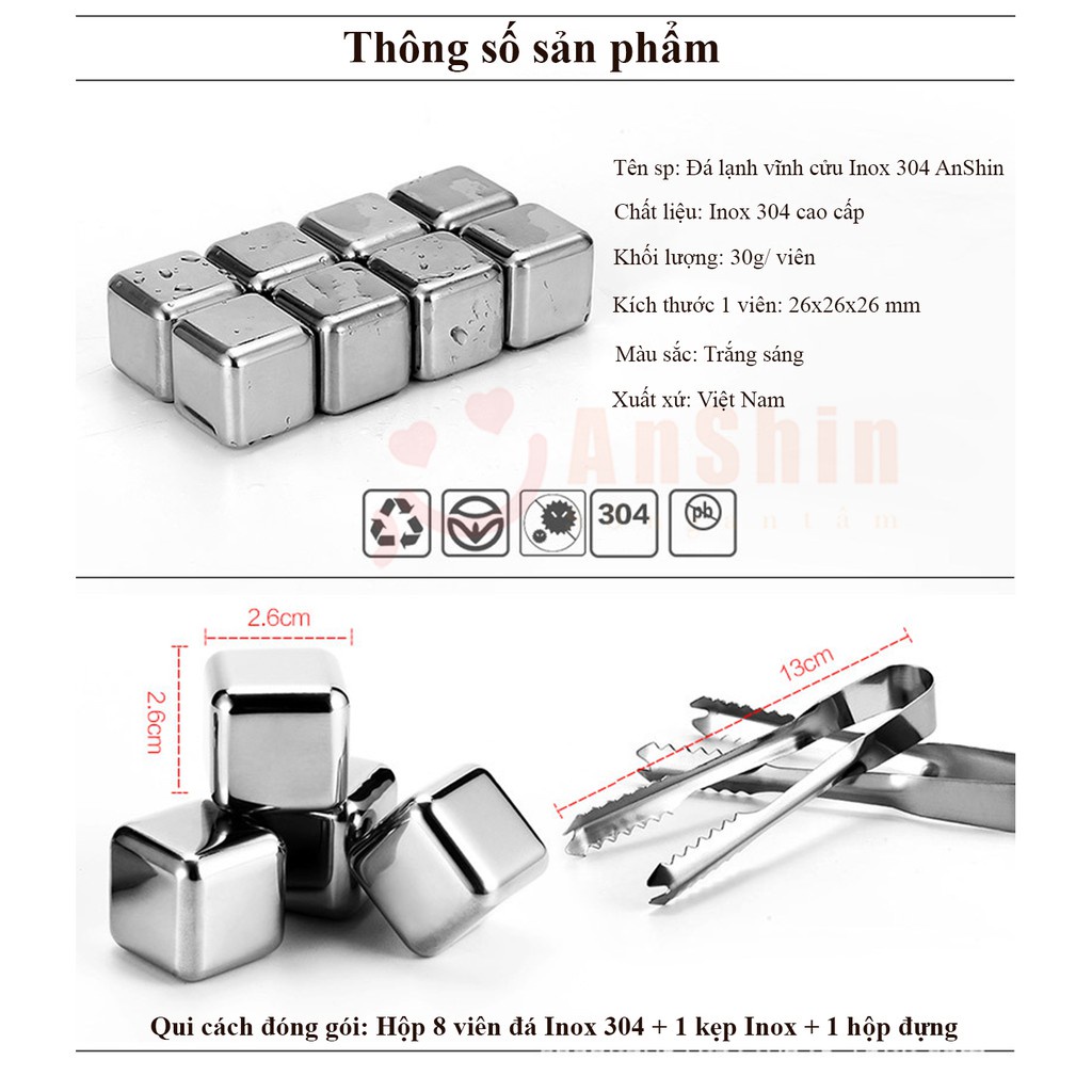 Đá Vĩnh Cửu Không Tan Hộp 8 Viên Đá INOX304 Lạnh Vĩnh Cửu Dùng Dụng Cụ Nhà Bếp An Toàn Tiện Lợi 956