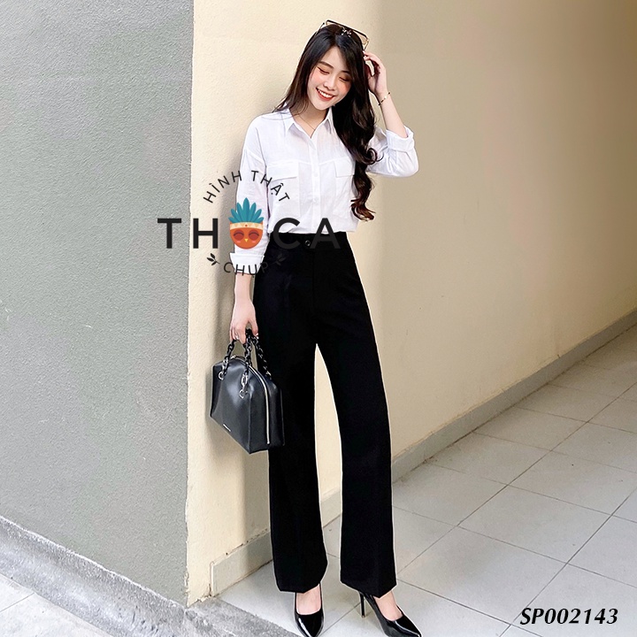 Ảnh Quần tây công sở ống rộng dáng suông lưng cao khuy cài THOCA HOUSE dễ phối tôn dáng và chân dài 4