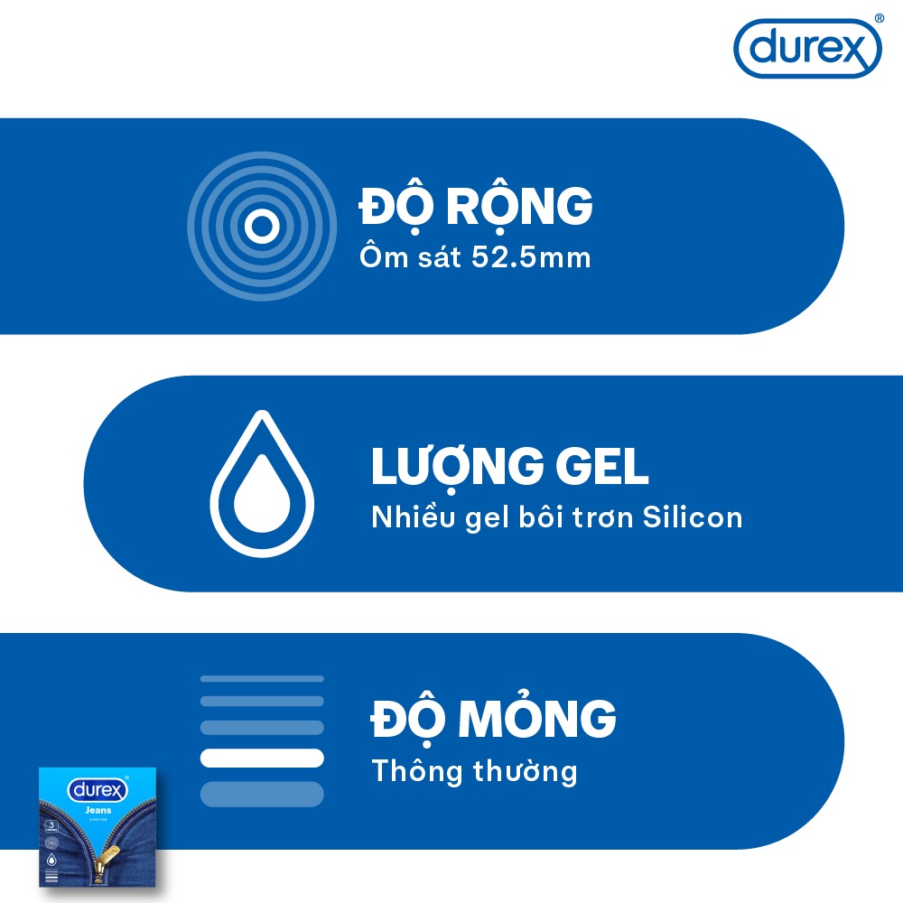 Ảnh Durex Jeans cơ bản, bôi trơn, size 52.5mm, hộp 3 bao 3