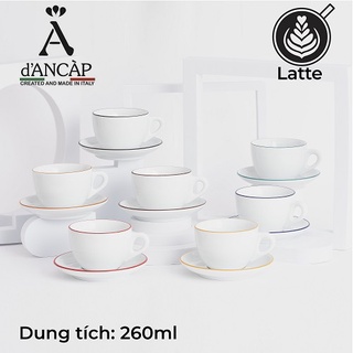 Volcano Bộ đĩa và ly sứ cà phê Ancap Latte 260ml vẽ tay lên viền