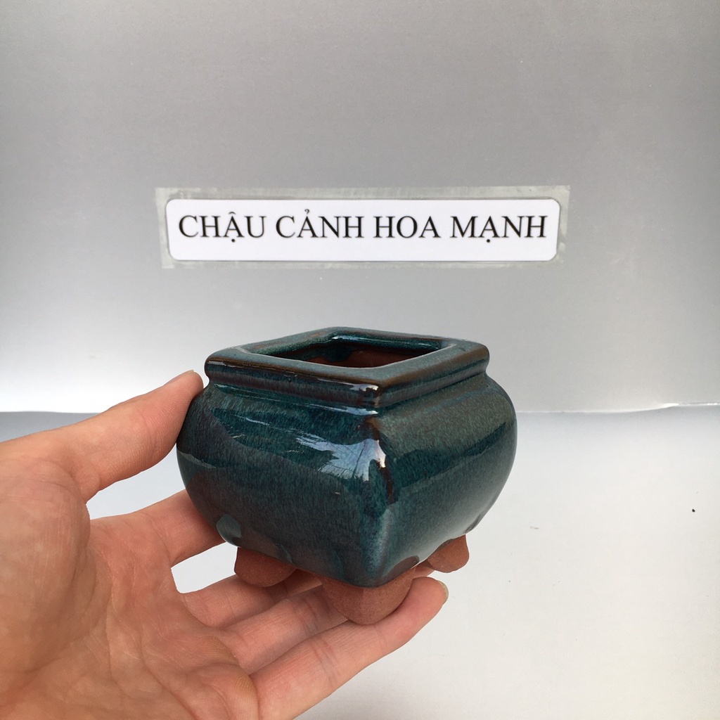 Chậu Vuông khum bonsai sen đá mini màu Xanh ngọc hoả biến gốm Bát tràng ...