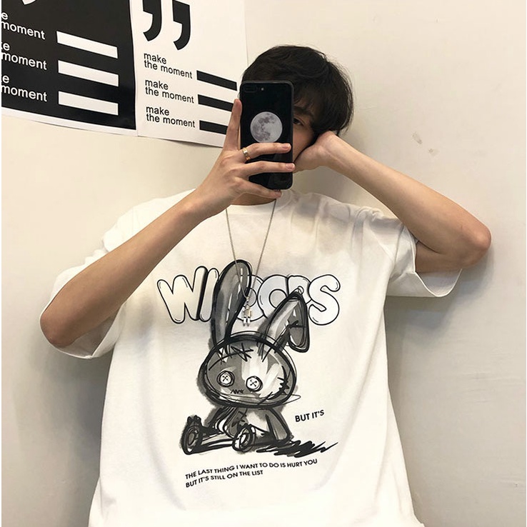 Áo Thun Nam Form Rộng HappyTee - Mẫu Graphic Thỏ WIOOPS Trẻ Trung Chất Vải Cotton 100 - 2 Màu Đen Trắng