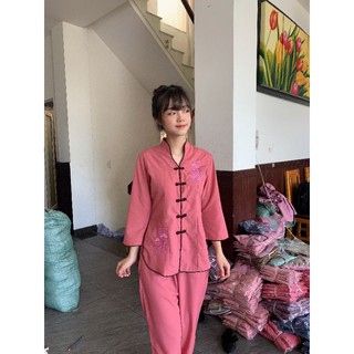 thời trang đi chùa nữ, cổ tàu thêu sen
