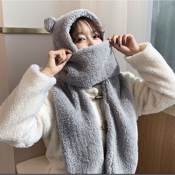 Mũ lông Cừu 3in1 tai gấu 💚CAM KẾT CHUẨN💚 Mũ kèm khăn quàng cổ và sỏ tay kiểu dáng hàng quốc