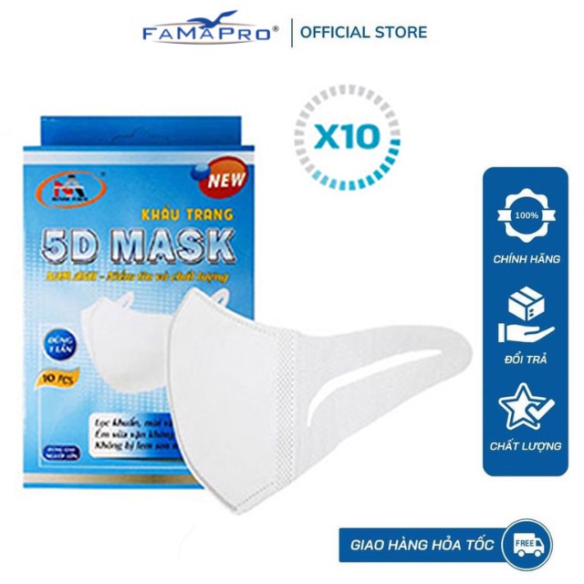 Ảnh Combo 10 Hộp khẩu trang y tế kháng khuẩn 3 lớp Famapro 5D Mask dây vải cao cấp 1