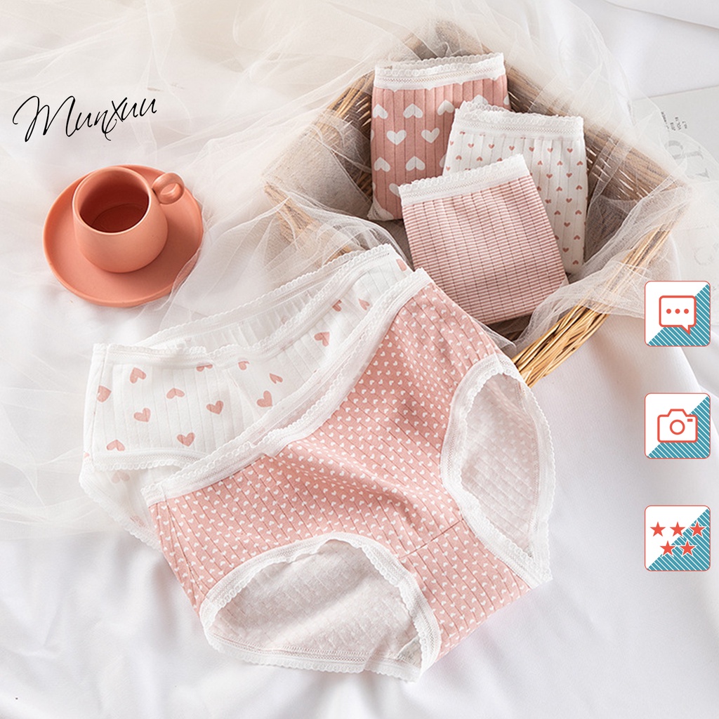 Quần lót nữ Cotton họa tiết trái tim dễ thương kẻ gân tăm co dãn kháng khuẩn – MUNXUU QC83 spe