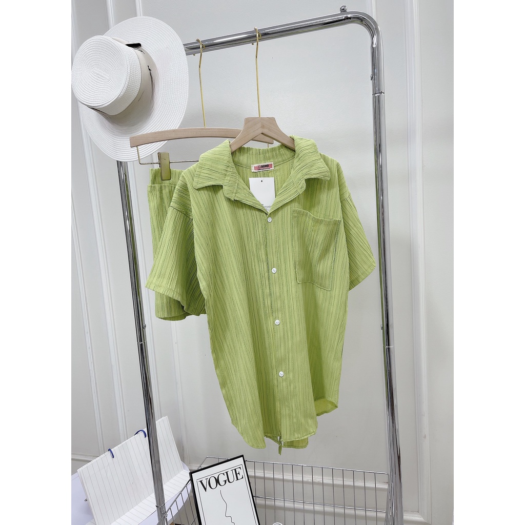 Bộ Áo Sơ Mi Dây Buộc Lưng Quần Short xanh bơ cốm trắng SQ029 Set Quần Đùi Áo Somi Cộc Tay Dáng Thụng Vải Đũi Gân 2 Màu