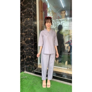 set đồ lam nữ đi chùa, áo lam đi chùa trơn đính một nút