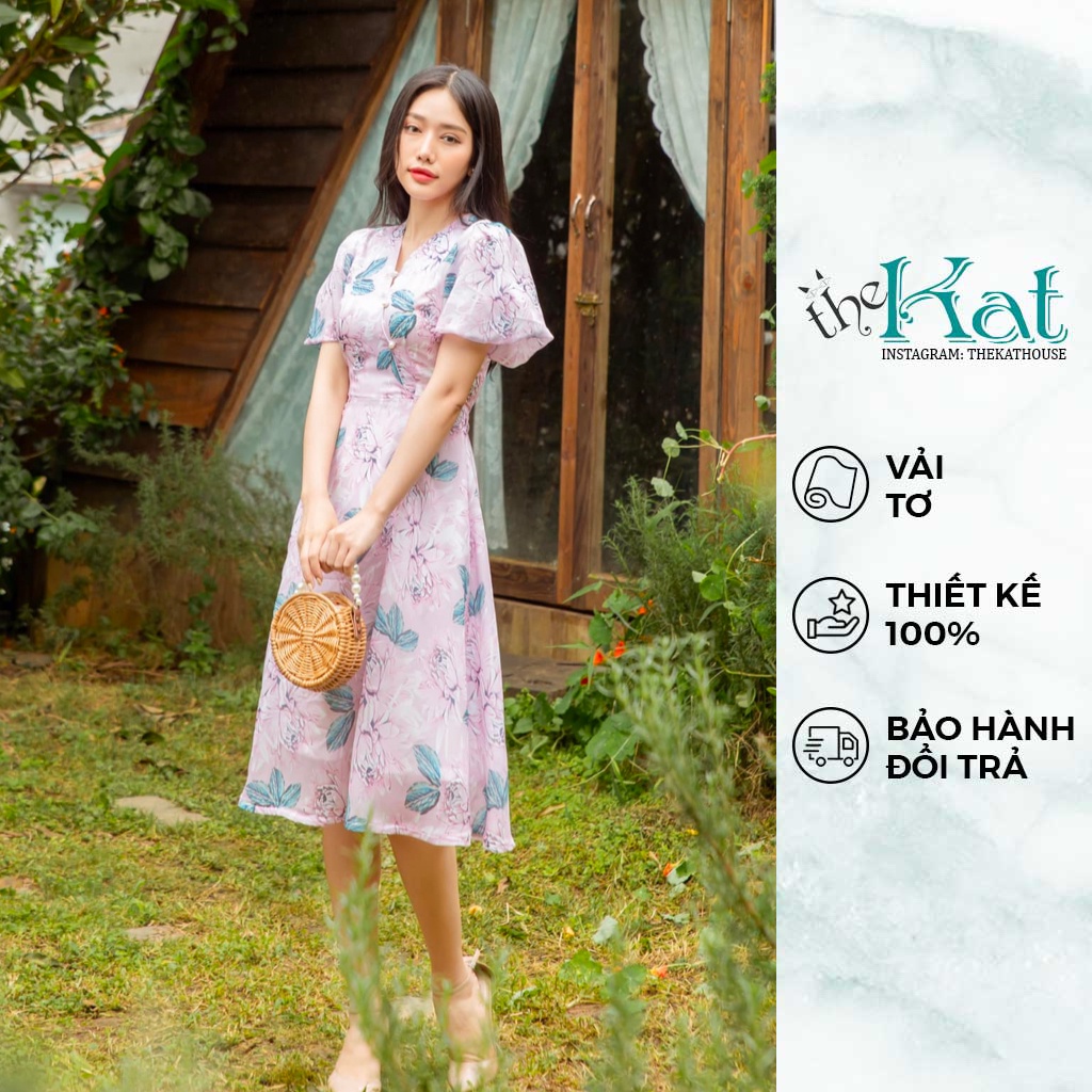Đầm Hoa Cổ V The Kat House, chất vải mềm mịn, siêu nhẹ, thanh lịch nhiều size nhiều màu