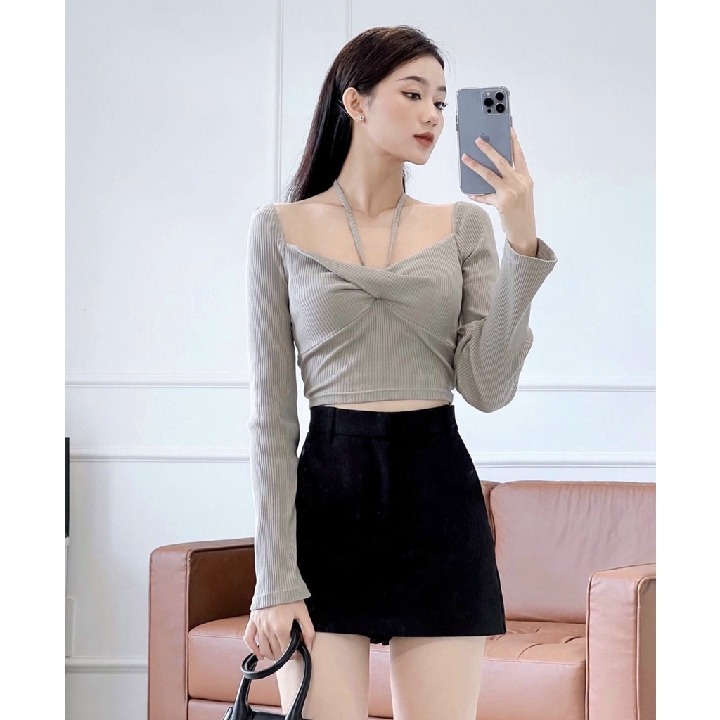 ÁO THUN TAY DÀI NHẤN CỘT DÂY YẾM - MIMI TOP