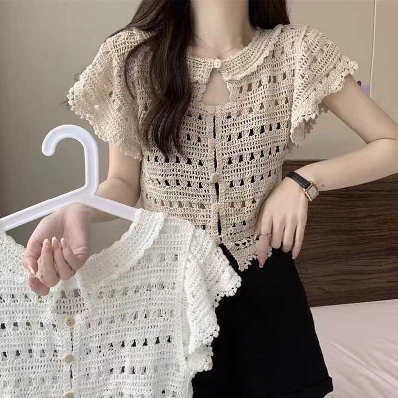 Áo ren tay cánh tiên dáng lửng dệt kim.