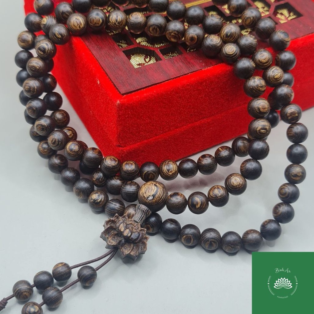 Vòng Cổ Trầm Hương 108 Hạt Sánh Chìm Mix Charm Hoa Sen - Chuỗi Tràng Hạt Phong Thủy Bình An (Kèm Hộp & Nụ Trầm)