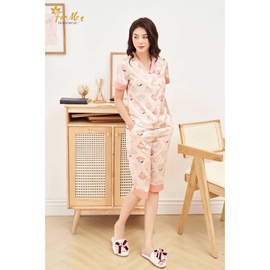 Bộ đồ ngủ,mặc nhà Pyzama lửng hoạ tiết Hoa Bồ Công Anh chất liệu lụa giấy cao cấp Luxury hãng ForMe