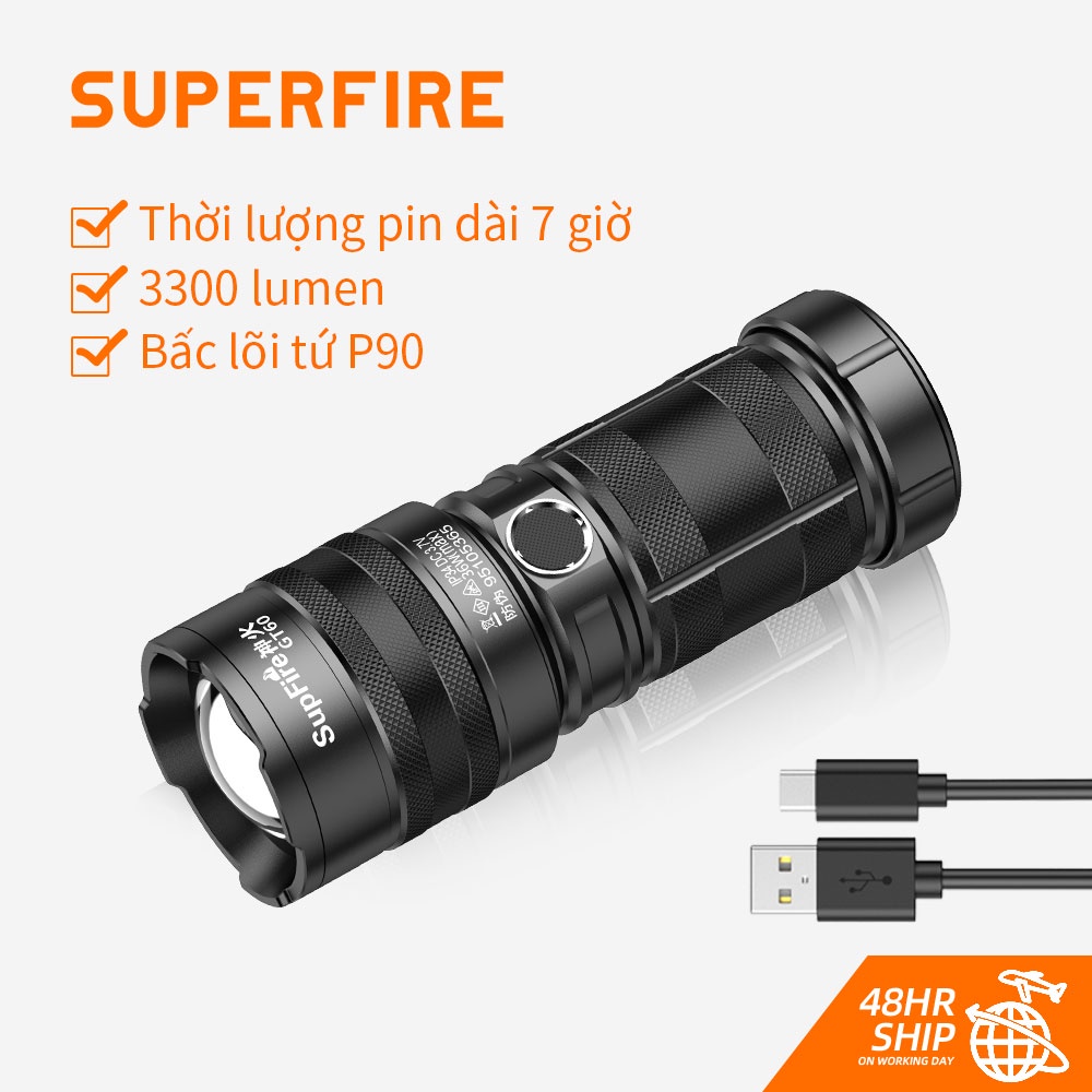 Đèn pin LED SUPERFIRE GT60 siêu sáng 36W xhp90 3300 lumens có cổng sạc ...