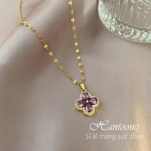 Vòng cổ titan nữ mặt cỏ 4 lá may mắn đá pha lê tím cao cấp trang sức titan thời trang mẫu mới nhất 2022