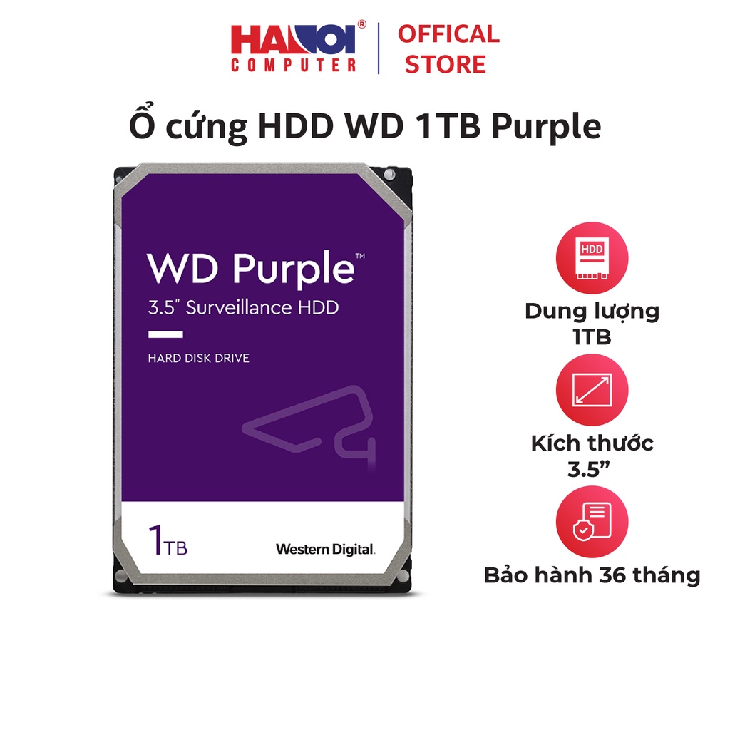 Ổ cứng HDD WD Purple 1TB 3.5 inch, 5400RPM, SATA, 64MB Cache (WD10PURZ)