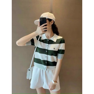 Áo len lưới cổ bẻ phối kẻ ngang 3 màu, Hàng Quảng Châu loại 1 mã 265