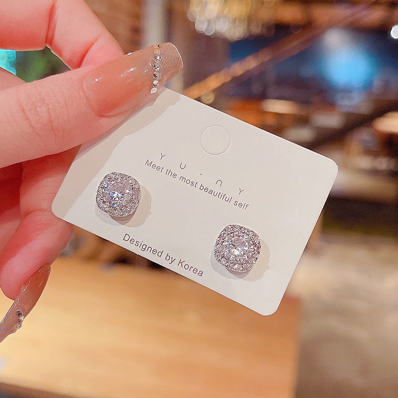 Shuling S925 kim bạc Zircon Khối Bông tai kim cương Bông tai bạc đơn giản cổ điển