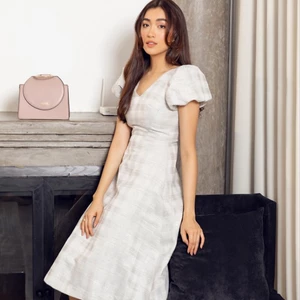 Đầm elise ghi ánh nhũ L