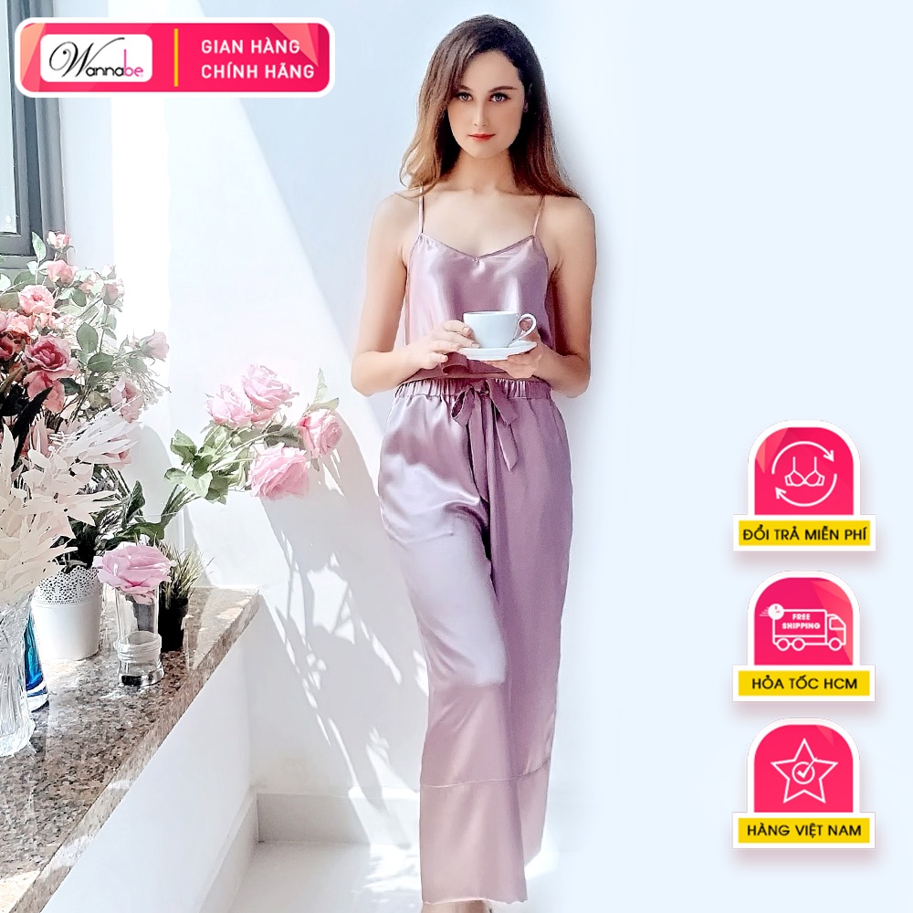 Đồ bộ mặc nhà phi lụa WANNABE BDS07 đồ bộ quần dài áo croptop, quần dài ống suôn thắt nơ eo, áo ba lỗ lưng ren xinh đẹp