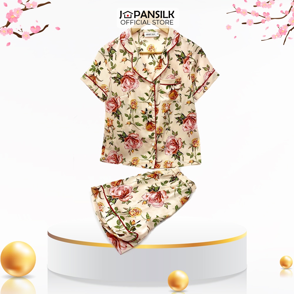 Ảnh Pijama Lụa Nhật Cao Cấp JAPAN SILK Tay Ngắn Quần Cộc Họa Tiết Đóa Hoa BC064 1