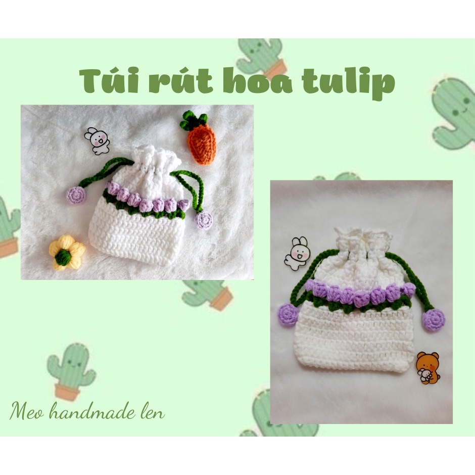 Túi rút dâu tây - Túi rút hoa tulip - Handmade len - Crochet