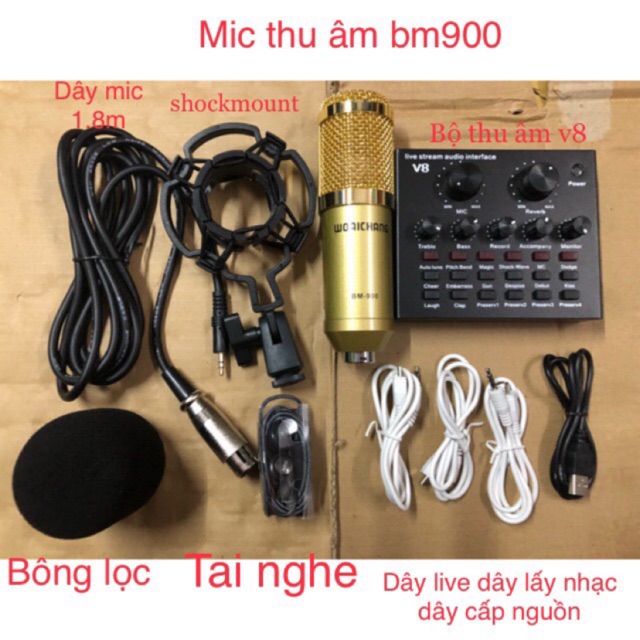 Bộ thu âm đơn giản soundcard v8 quốc tế với mic thu âm woachang Bm900 ...
