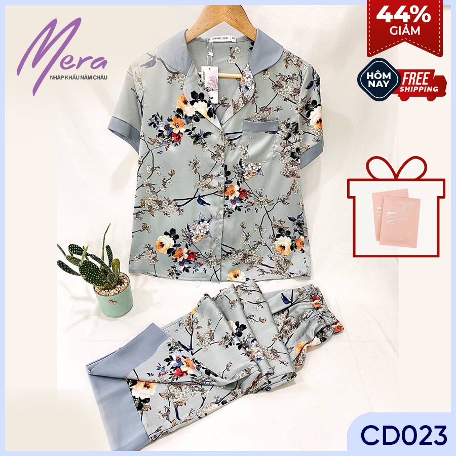 JAPAN SILK - Bộ pijama lụa satin Nhật họa tiết cành hồng đá trang nhã