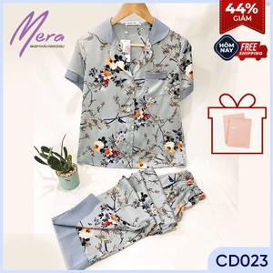 JAPAN SILK - Bộ pijama lụa satin Nhật họa tiết cành hồng đá trang nhã