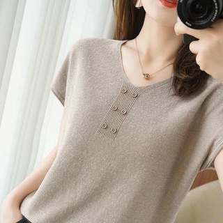 Áo thun dệt kim cổ chữ V Ice Silk Phiên bản Hàn Quốc dáng rộng mỏng hơn trông Size lớn béo MM Nữ màu trơn Nút dệt kim ngắn