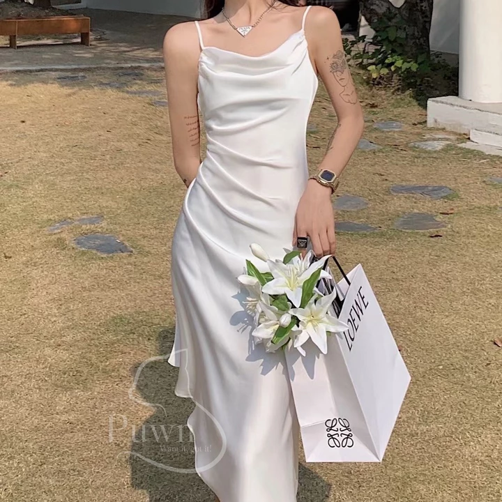 Váy lụa hai dây vạt chéo xếp li eo dự tiệc, prom quyến rũ, bí ẩn, sexy - Puwn Pơ🥑