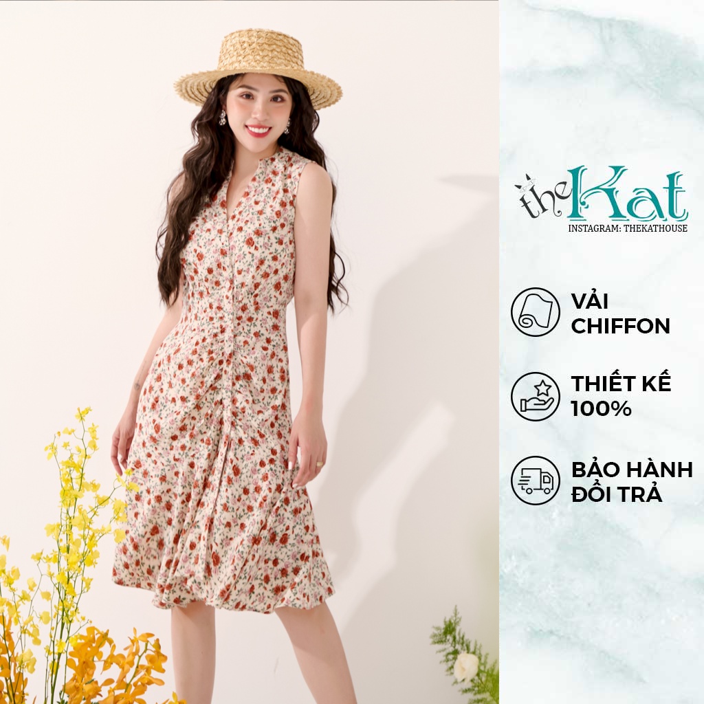 Đầm Hoa Nhí Sát Nách Cổ V Đuôi Cá The Kat House, vải chiffon Hàn, ôm vừa vặn, tôn dáng, cá tính, xinh xắn và dễ thương